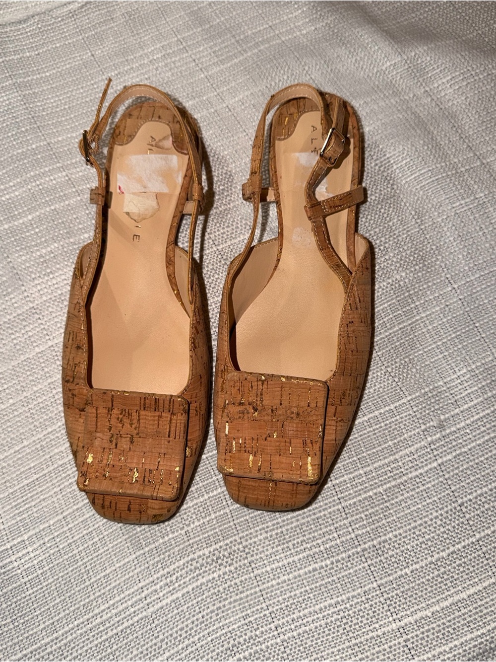 Alex Marie Tan Cork Square-Toe Slingback Sandals with Gold Fleck